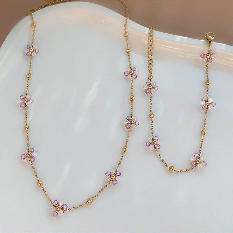 COLAR E PULSEIRA KIT FLORZINHAS CRISTAIS MESCLADAS DOURADO AÇO 316L PREMIUM⭐️