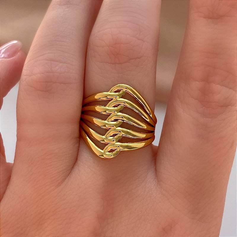 ANEL REGULÁVEL FIOS ENCONTRADOS DOURADO AÇO 316L⭐️