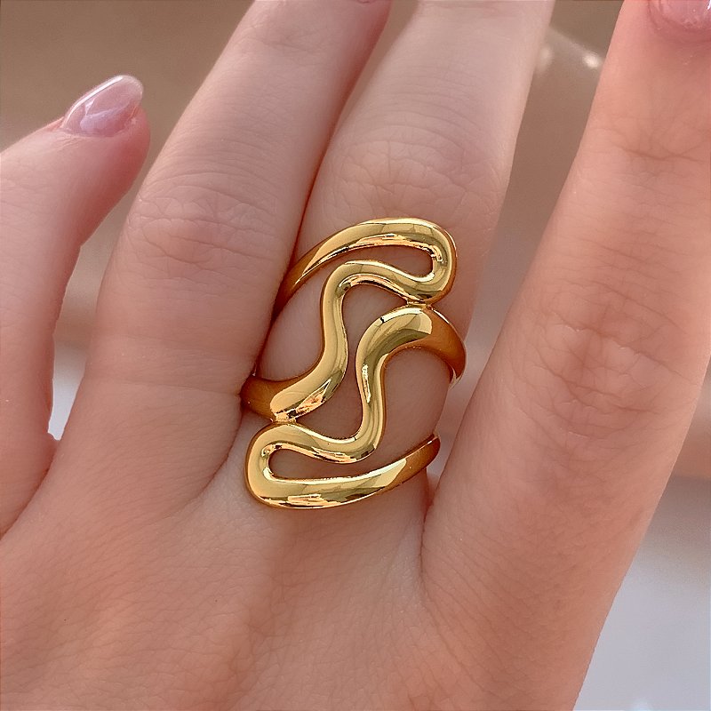 ANEL REGULÁVEL DESENHOS ORGÂNICOS DOURADO AÇO 316L⭐️