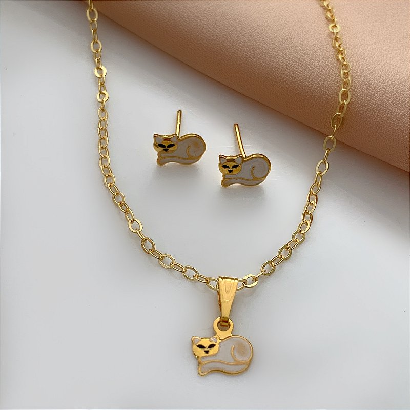 COLAR E BRINCO KIT INFANTIL GATINHO BRANCO FOLHEADO A OURO 18K⭐