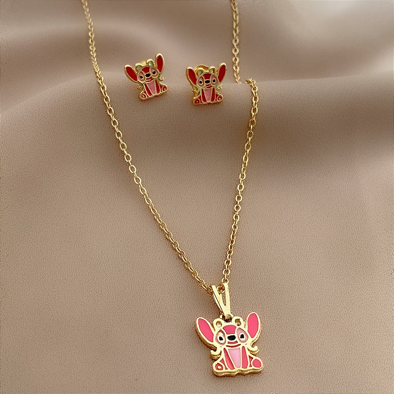 COLAR E BRINCO KIT INFANTIL ANGEL FOLHEADO A OURO 18K⭐