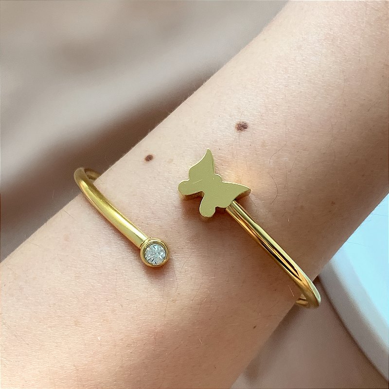 PULSEIRA / BRACELETE BORBOLETA E PONTO DE LUZ ZIRCÔNIA DOURADO AÇO 316L⭐️