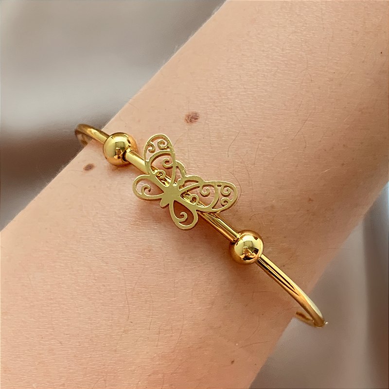 PULSEIRA / BRACELETE BORBOLETA DESENHADA VAZADA DOURADO AÇO 316L⭐️