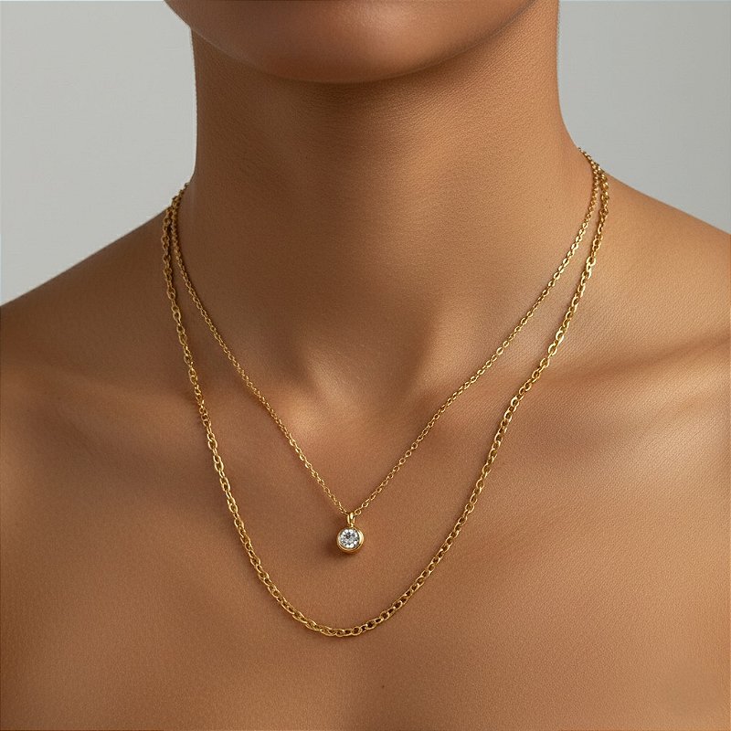 COLAR CORRENTE DUPLA CLÁSSICA PONTO DE LUZ ZIRCÔNIA DOURADO AÇO 316L⭐️