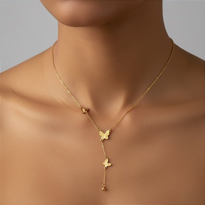 COLAR GRAVATINHA BORBOLETAS DESENHADAS DOURADO AÇO 316L⭐️