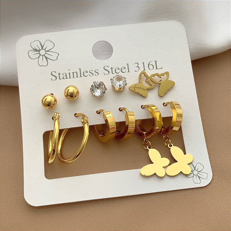 BRINCO KIT ARGOLINHAS BORBOLETA, ZIRCÔNIA E BOLINHA DOURADO AÇO 316L⭐️