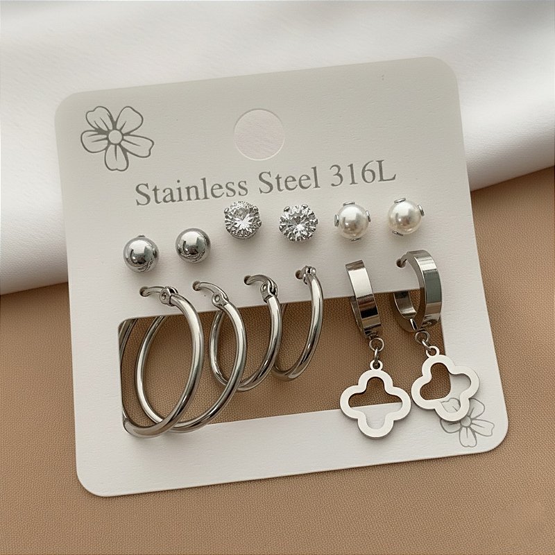 BRINCO KIT ARGOLINHAS TREVO VAZADO, ZIRCÔNIA E BOLINHA AÇO 316L⭐️