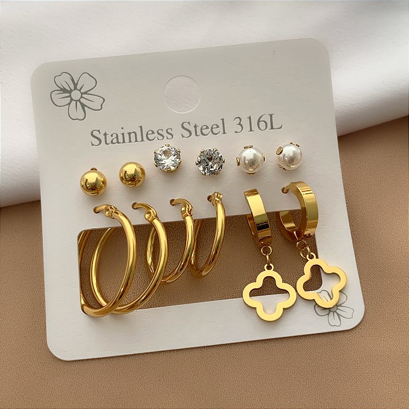 BRINCO KIT ARGOLINHAS TREVO VAZADO, ZIRCÔNIA E BOLINHA DOURADO AÇO 316L⭐️