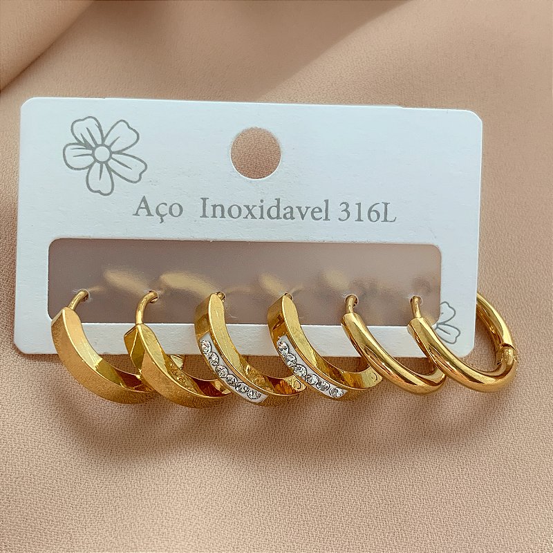 BRINCO KIT ARGOLINHAS FORMATOS LISAS E ZIRCÔNIAS DOURADO AÇO 316L⭐️
