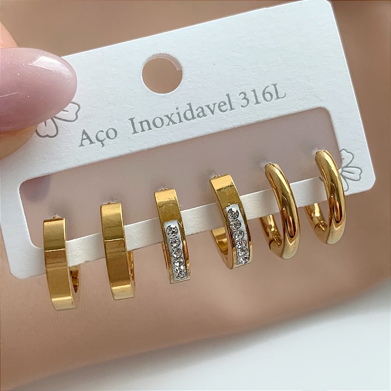 BRINCO KIT ARGOLINHAS FORMATOS LISAS E ZIRCÔNIAS DOURADO AÇO 316L⭐️