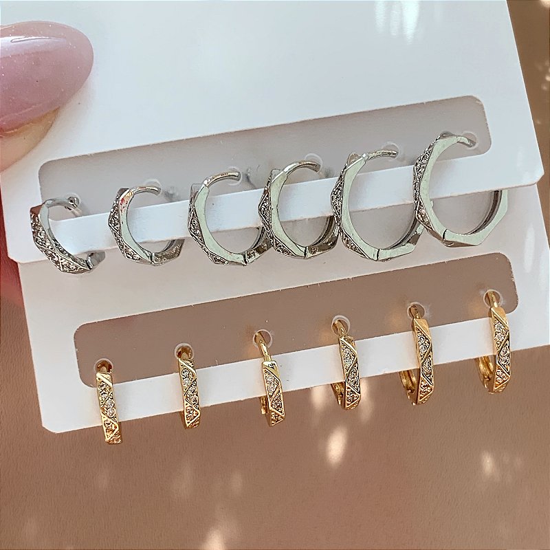 BRINCO KIT ARGOLINHAS DESENHOS GEOMÉTRICOS ZIRCÔNIAS BIJU