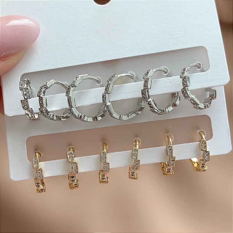 BRINCO KIT ARGOLINHAS MINI RETÂNGULOS ZIRCÔNIAS BIJU