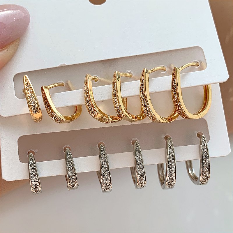 BRINCO KIT ARGOLINHAS OVAIS FINAS ZIRCÔNIAS BIJU