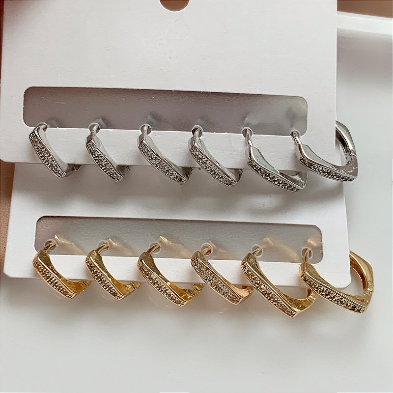 BRINCO KIT ARGOLINHAS QUADRADAS CRAVEJADAS EM ZIRCÔNIAS BIJU