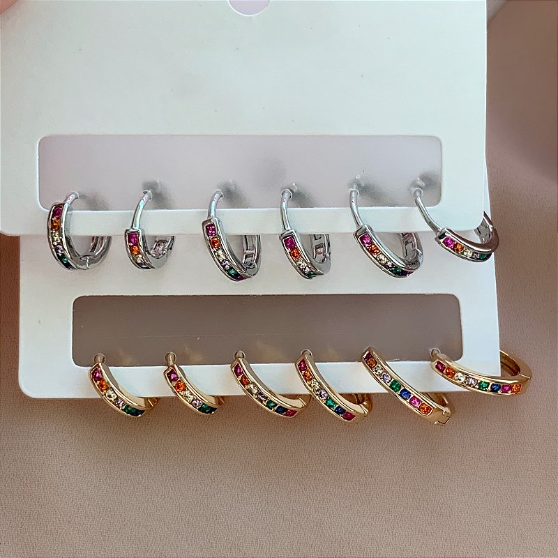 BRINCO KIT ARGOLINHAS ZIRCÔNIAS COLORIDAS LÍVIA BIJU