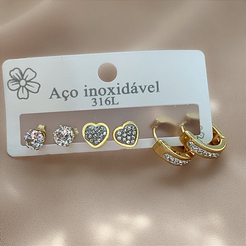BRINCO KIT ARGOLINHA E CORAÇÃO ZIRCÔNIAS E PONTO DE LUZ DOURADO AÇO 316L⭐️