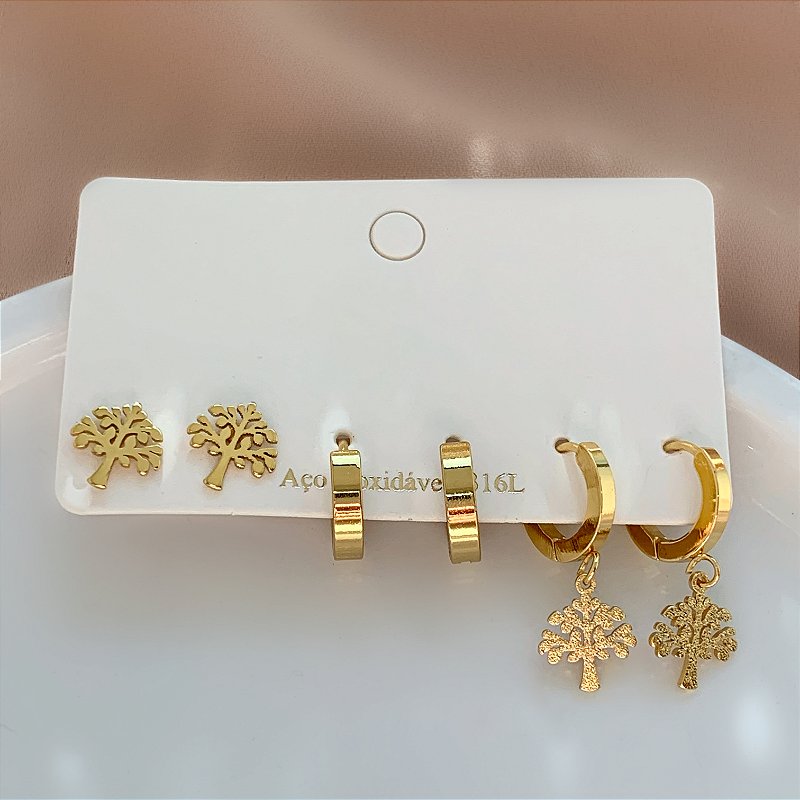 BRINCO KIT ARGOLINHAS ÁRVORE LISA E TEXTURIZADA DOURADO AÇO 316L⭐️