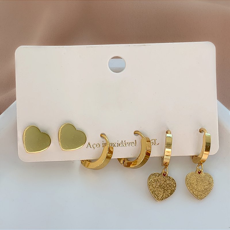 BRINCO KIT ARGOLINHAS CORAÇÃO LISO E TEXTURIZADO DOURADO AÇO 316L⭐️