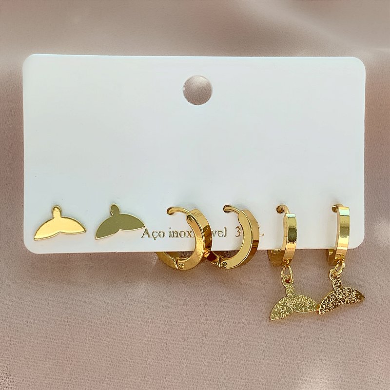 BRINCO KIT ARGOLINHAS CAUDA SEREIA LISA E TEXTURIZADA DOURADO AÇO 316L⭐️
