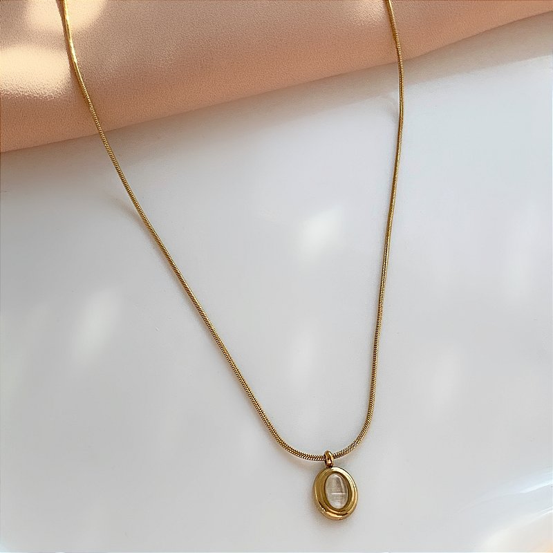 COLAR PINGENTE OVAL PEDRA OLHO DE GATO P DOURADO AÇO 316L⭐️