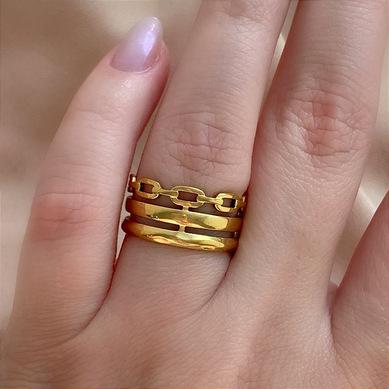 ANEL REGULÁVEL FIOS LISOS E CORRENTE DOURADO AÇO 316L⭐️