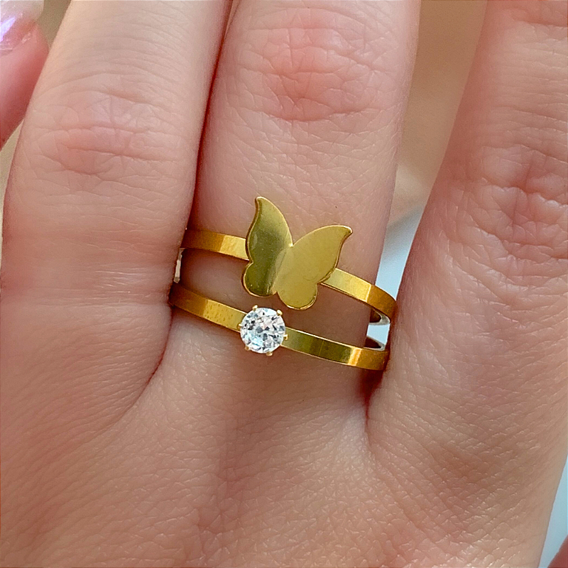 ANEL KIT BORBOLETA E PONTO DE LUZ DOURADO AÇO 316L⭐️