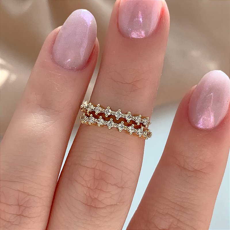 ANEL FALANGE FILEIRA DUPLA ZIRCÔNIAS DOURADO BIJU