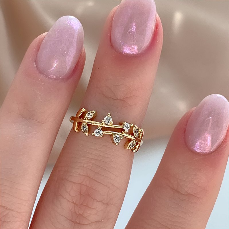 ANEL FALANGE FOLHAS ZIRCÔNIAS DOURADO BIJU