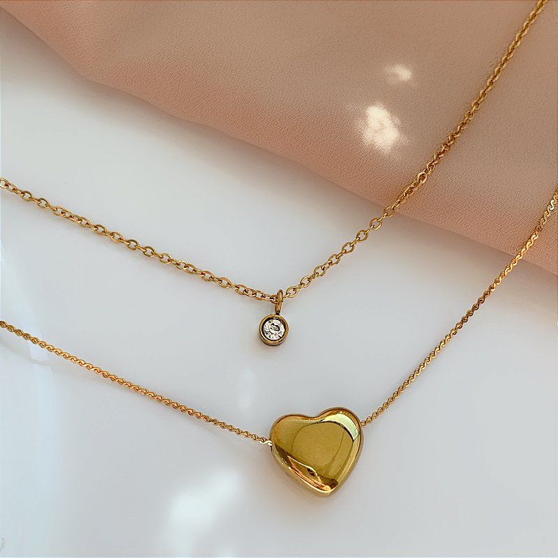 COLAR DUPLO CORAÇÃO E PONTO DE LUZ DOURADO AÇO 316L⭐️