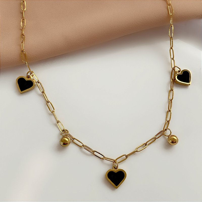 COLAR PINGENTES CORAÇÕES RESINADOS E BOLINHAS DOURADO AÇO 316L⭐️