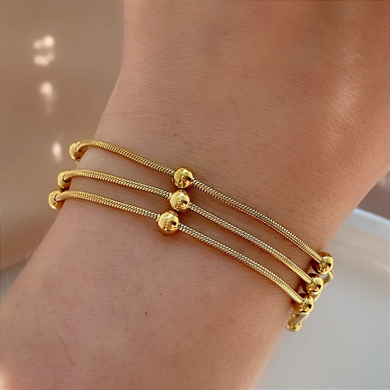 PULSEIRA RABO DE RATO TRÊS FIOS BOLINHA DOURADO AÇO 316L⭐️
