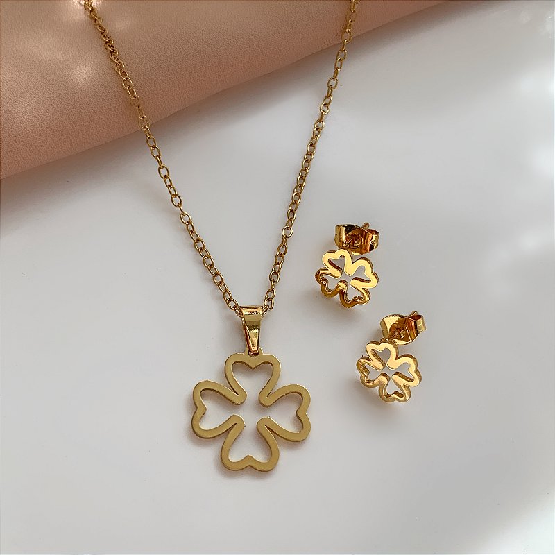 COLAR KIT TREVO DA SORTE VAZADO DOURADO AÇO 316L⭐️