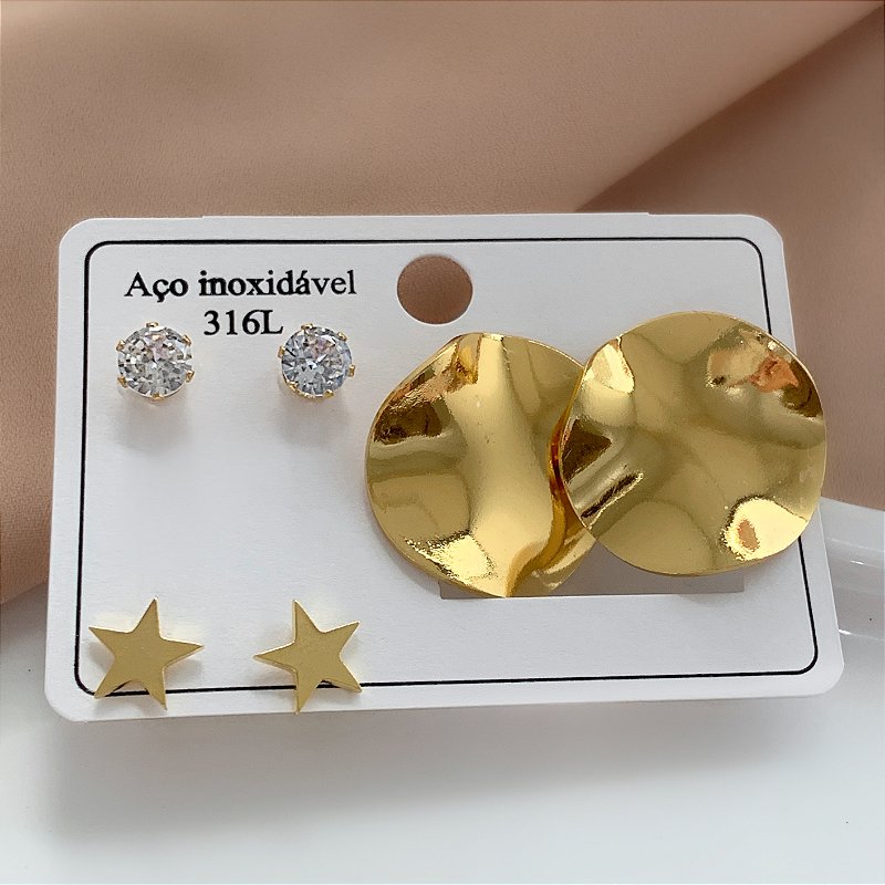 BRINCO KIT BOTÃO MARTELADO DOURADO AÇO 316L⭐️