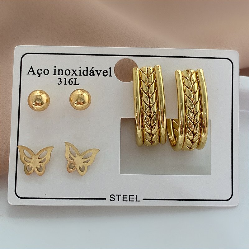 BRINCO KIT ARGOLA OVAL TRANÇADA E BORBOLETA DOURADO AÇO 316L⭐️