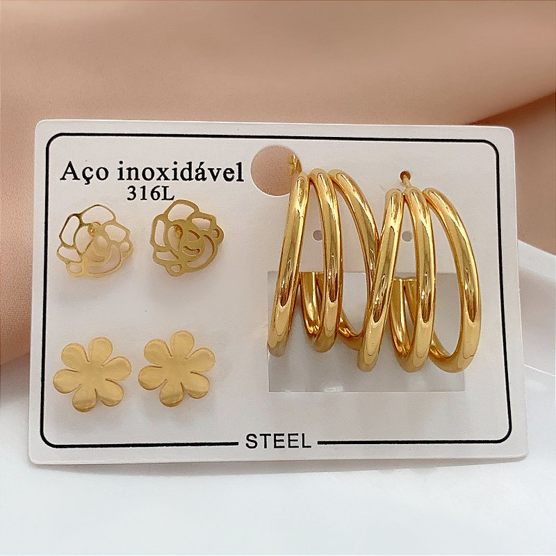 BRINCO KIT ARGOLA TUBOS E FLORES DOURADO AÇO 316L⭐️