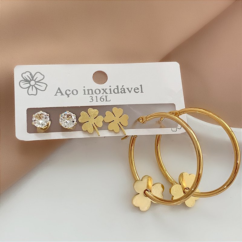 BRINCO KIT ARGOLA PINGENTE TREVO DOURADO AÇO 316L⭐️