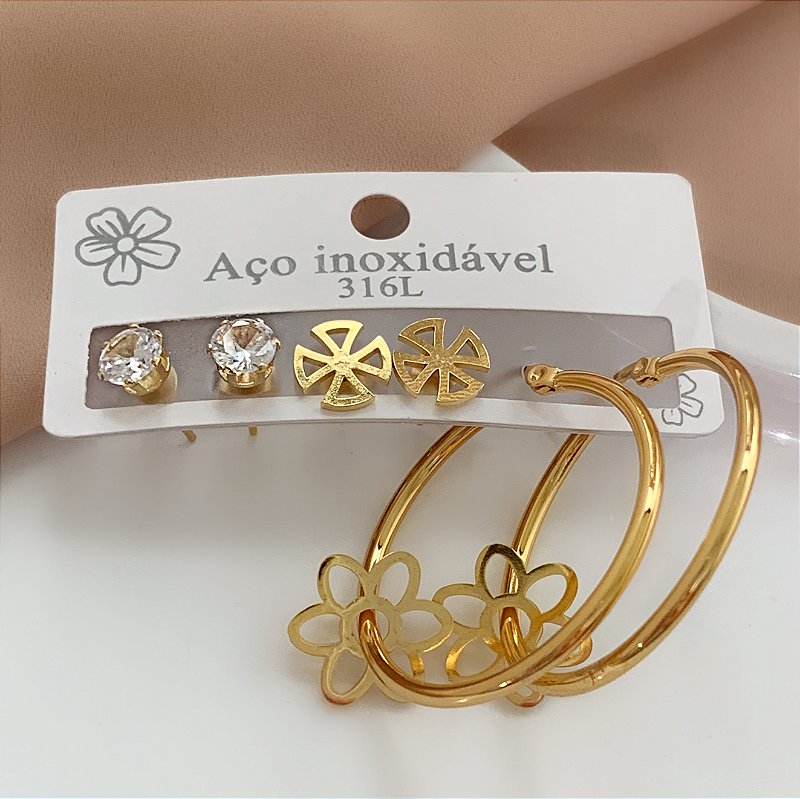 BRINCO KIT ARGOLA PINGENTE FLOR DOURADO AÇO 316L⭐️