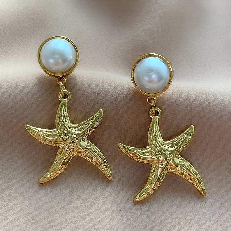 BRINCO PÉROLA COM ESTRELA PENDENTE DOURADO AÇO 316L⭐️