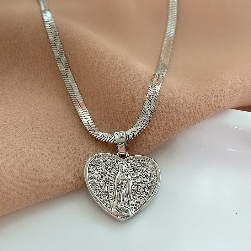 COLAR FITA FINA COM PINGENTE NOSSA SENHORA CRAVEJADO AÇO 316L⭐️