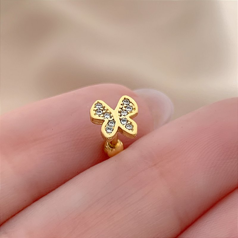 PIERCING TRÁGUS / CARTILAGEM BORBOLETA ZIRCÔNIA 6MM HASTE AÇO 316L FOLHEADO A OURO 18K SEMIJOIA PARA ATUALIZAÇÃO⭐️