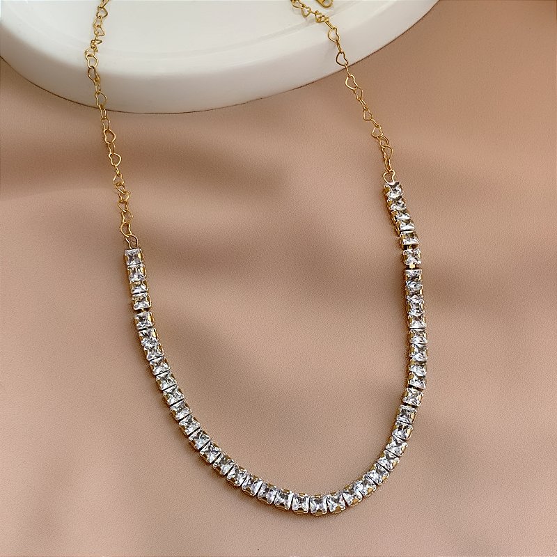 COLAR RIVIERA ZIRCÔNIA QUADRADA ELOS CORAÇÕES DOURADO AÇO 316L⭐️