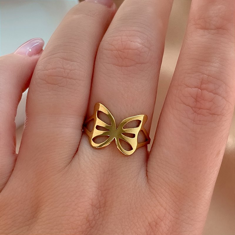 ANEL BORBOLETA VAZADA DOURADO AÇO 316L⭐️