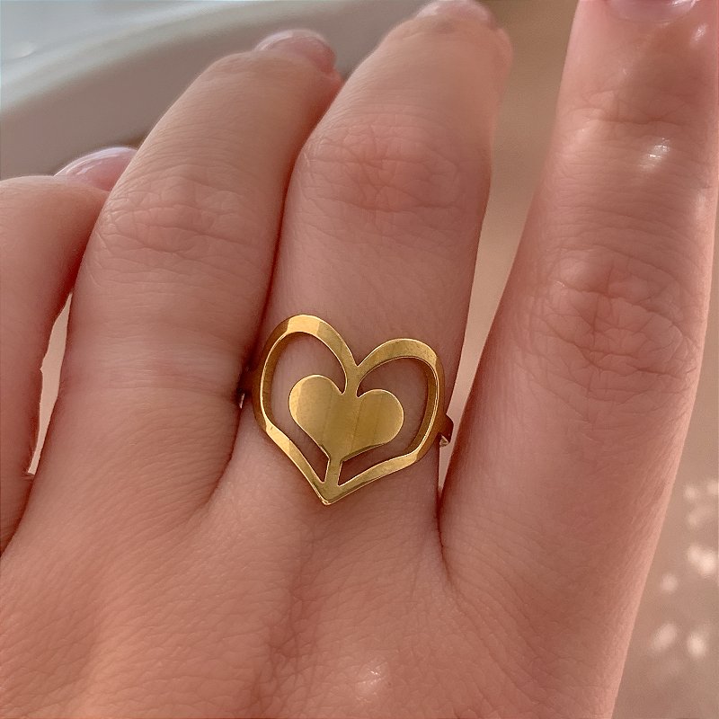ANEL CORAÇÃO DUPLO DOURADO AÇO 316L⭐️