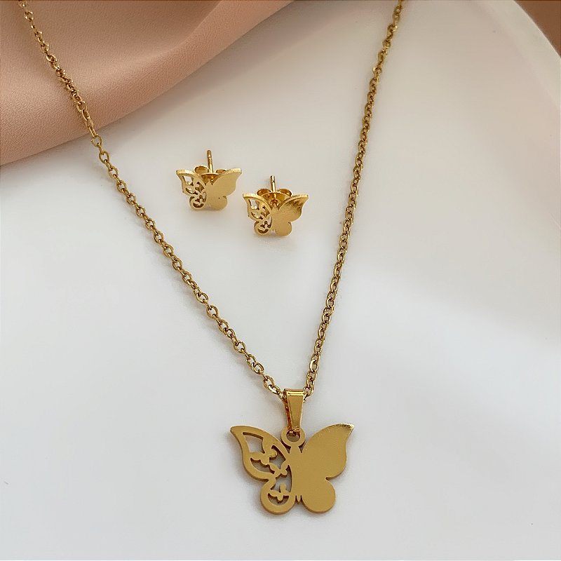 COLAR E BRINCO KIT BORBOLETA VAZADA DESENHADA DOURADO AÇO 316L⭐️