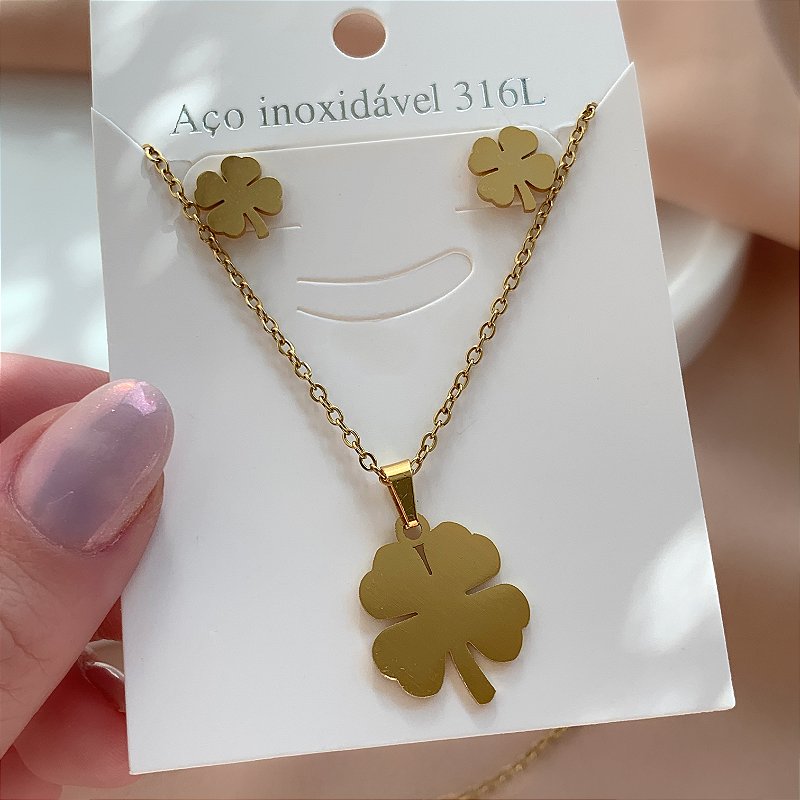 COLAR E BRINCO KIT TREVO LISO DOURADO AÇO 316L⭐️