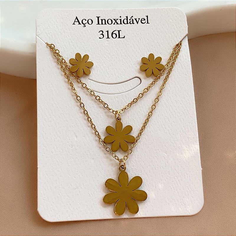COLAR E BRINCO KIT FLOR CLÁSSICA LISA DOURADO AÇO 316L⭐️