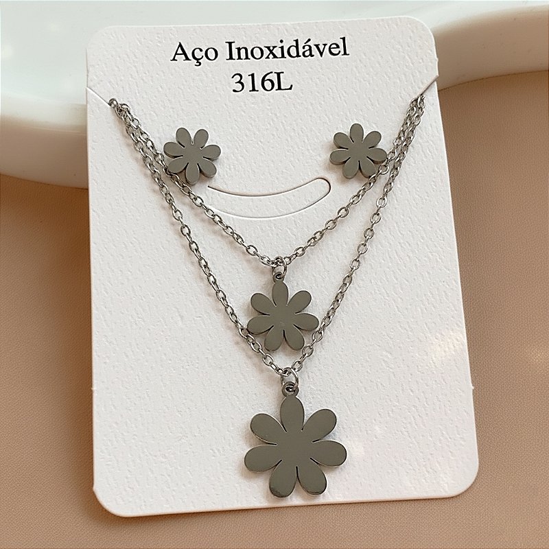 COLAR E BRINCO KIT FLOR CLÁSSICA LISA AÇO 316L⭐️