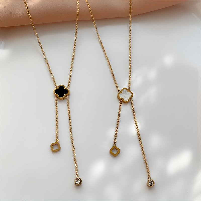 COLAR GRAVATINHA TREVO RESINADO PONTA DUPLA DOURADO AÇO 316L⭐️