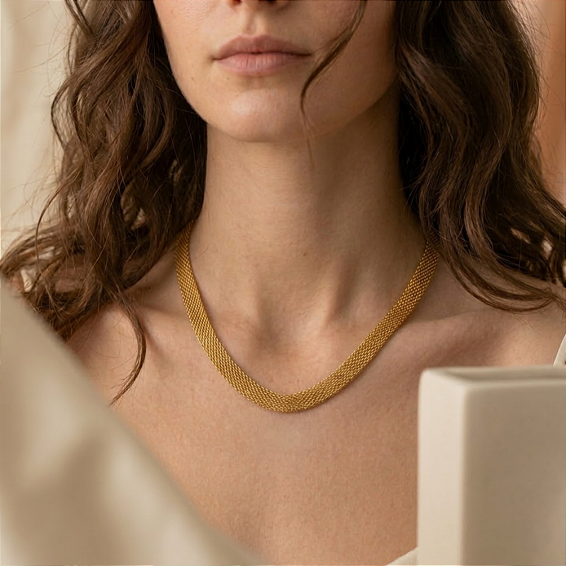 COLAR CORRENTE MALHA 7MM COM 60CM SEM EXTENSOR DOURADO AÇO 316L⭐️