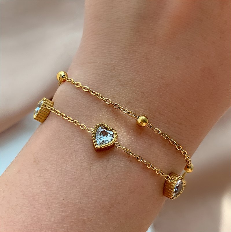 PULSEIRA CORRENTE DUPLA BOLINHAS E ZIRCÔNIAS CORAÇÕES DOURADO AÇO 316L⭐️